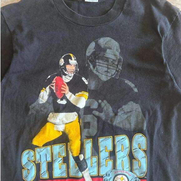 90s Vintage Pittsburgh Steelers Bubby Brister Salem Black T Shirt Size L - Picture 2 of 4
